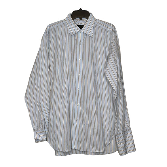 Robert Talbott Best Of Class Mens Dress Shirt Size 16.5-35 Blue Tan White Stripe - Picture 1 of 4